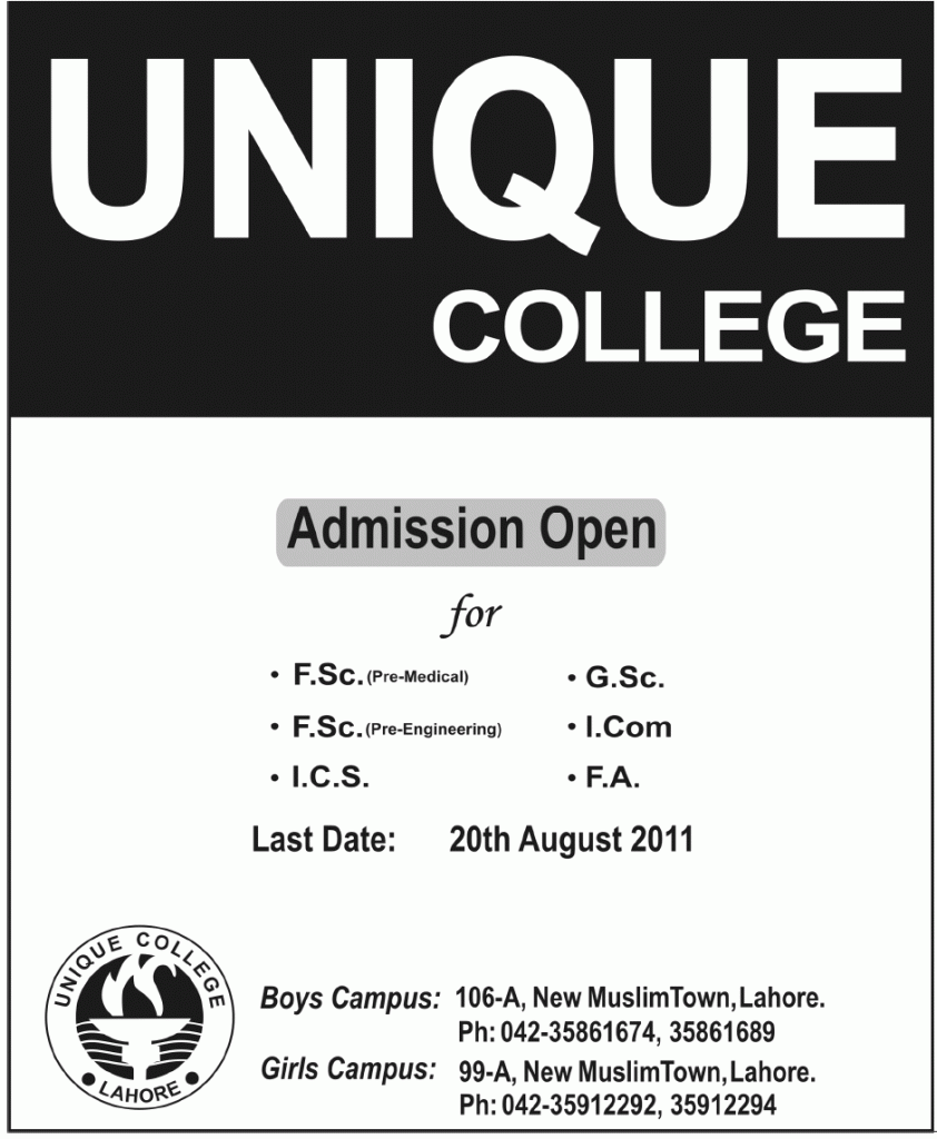 Admission in Unique College Lahore