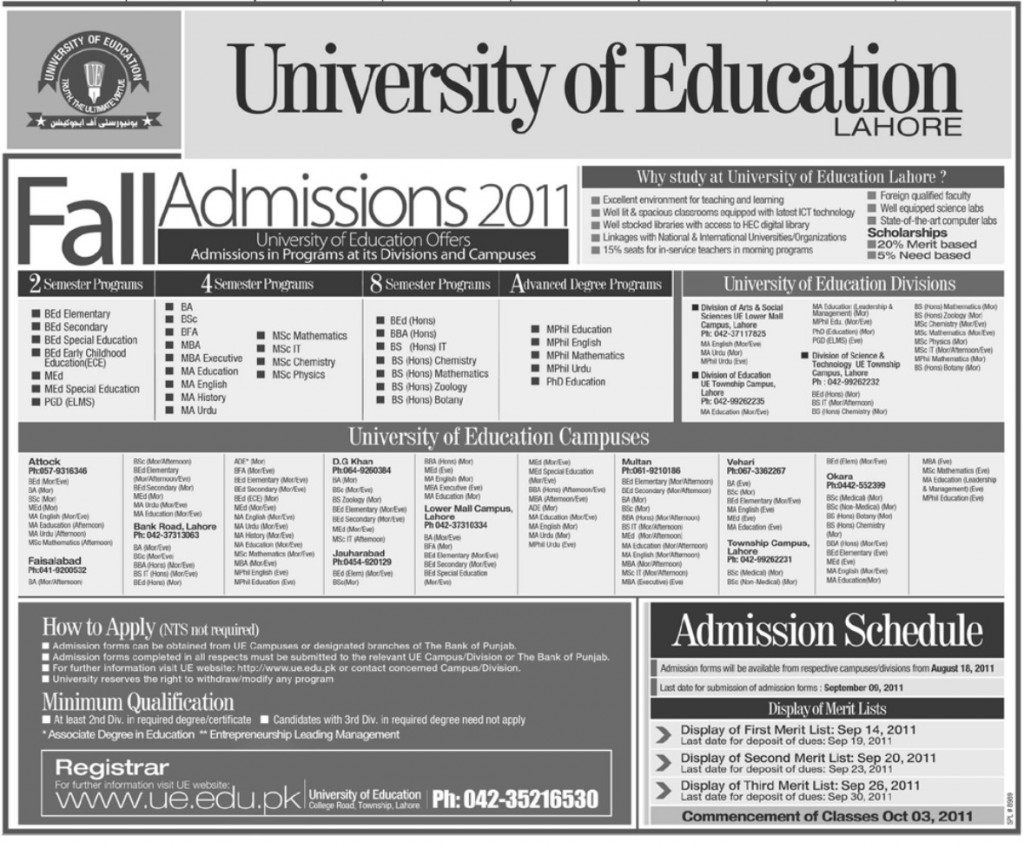 Admission in University of Education Attock