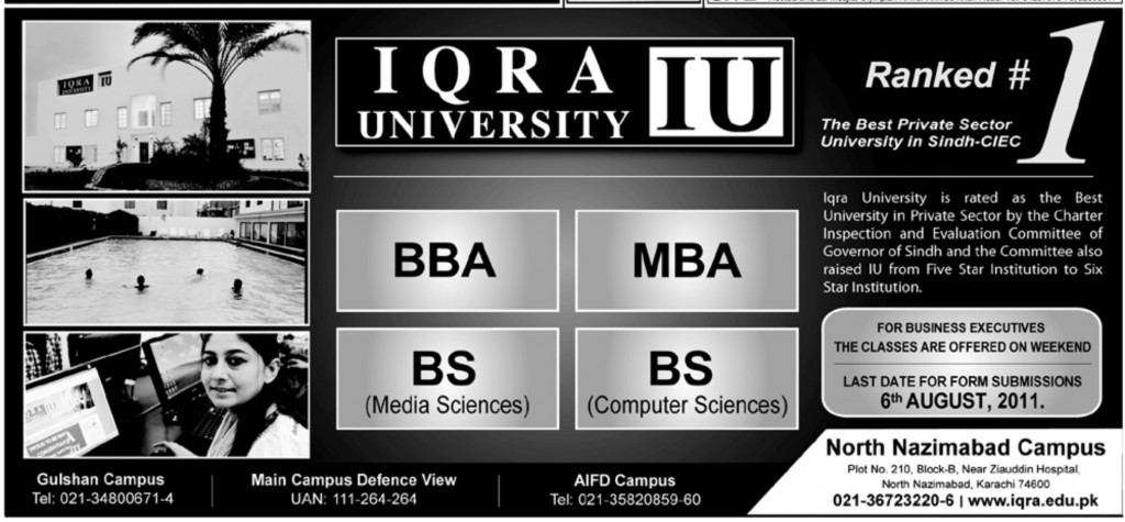 BBA, BS, MBA Admission at Iqra University Karachi