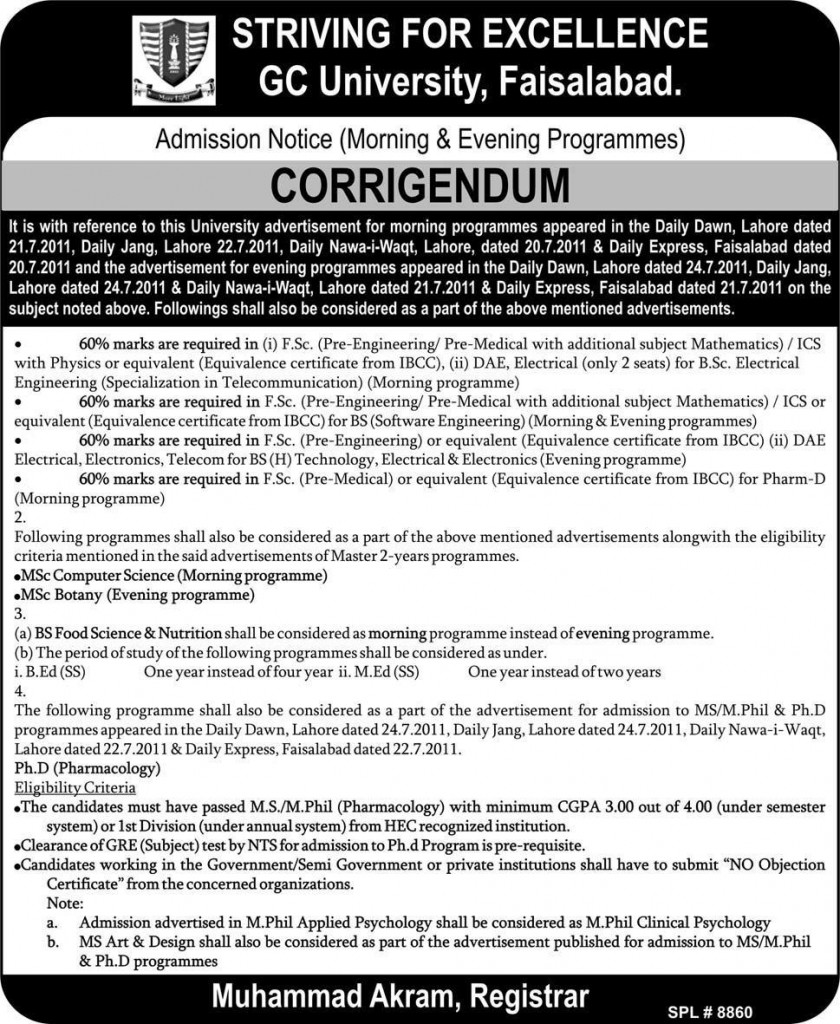 BS Food & Nutrition, MSc Botany, MSc Computer Science, Ph.D Pharmacology Admissions in GCU Faisalabad