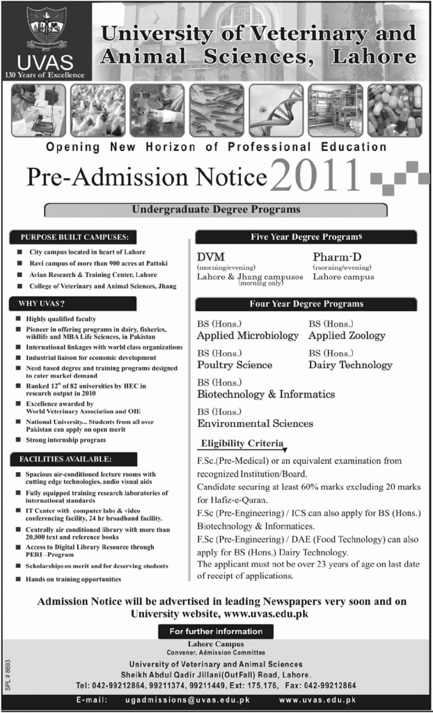 Bachelor Programs, DVM & Pharm-D Admission in UVAS Lahore