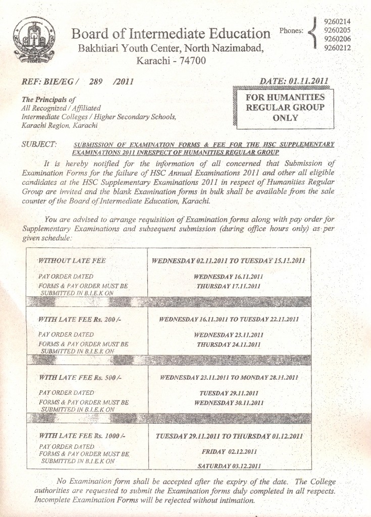 Submission of Examination Forms & Fee for Humanities Supply Exams 2011