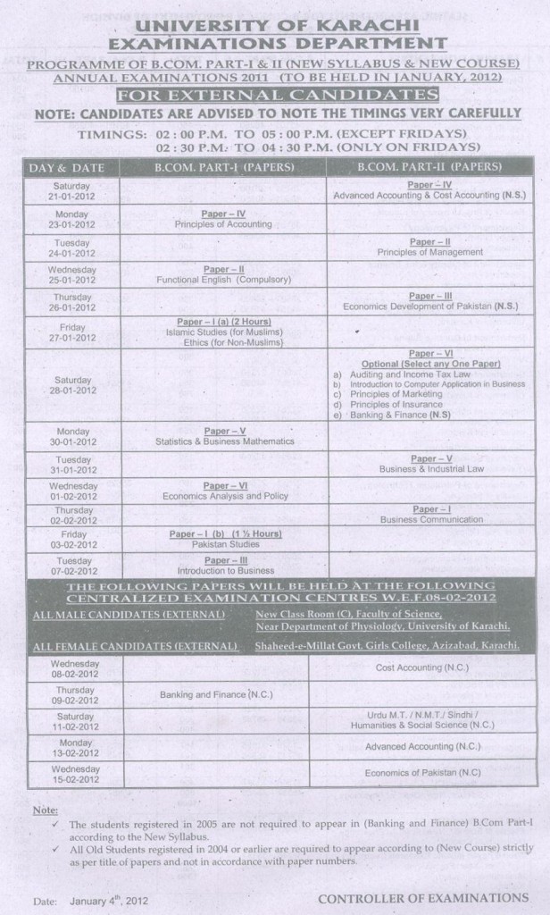 UOK B.Com Annual Exams 2011 Schedule