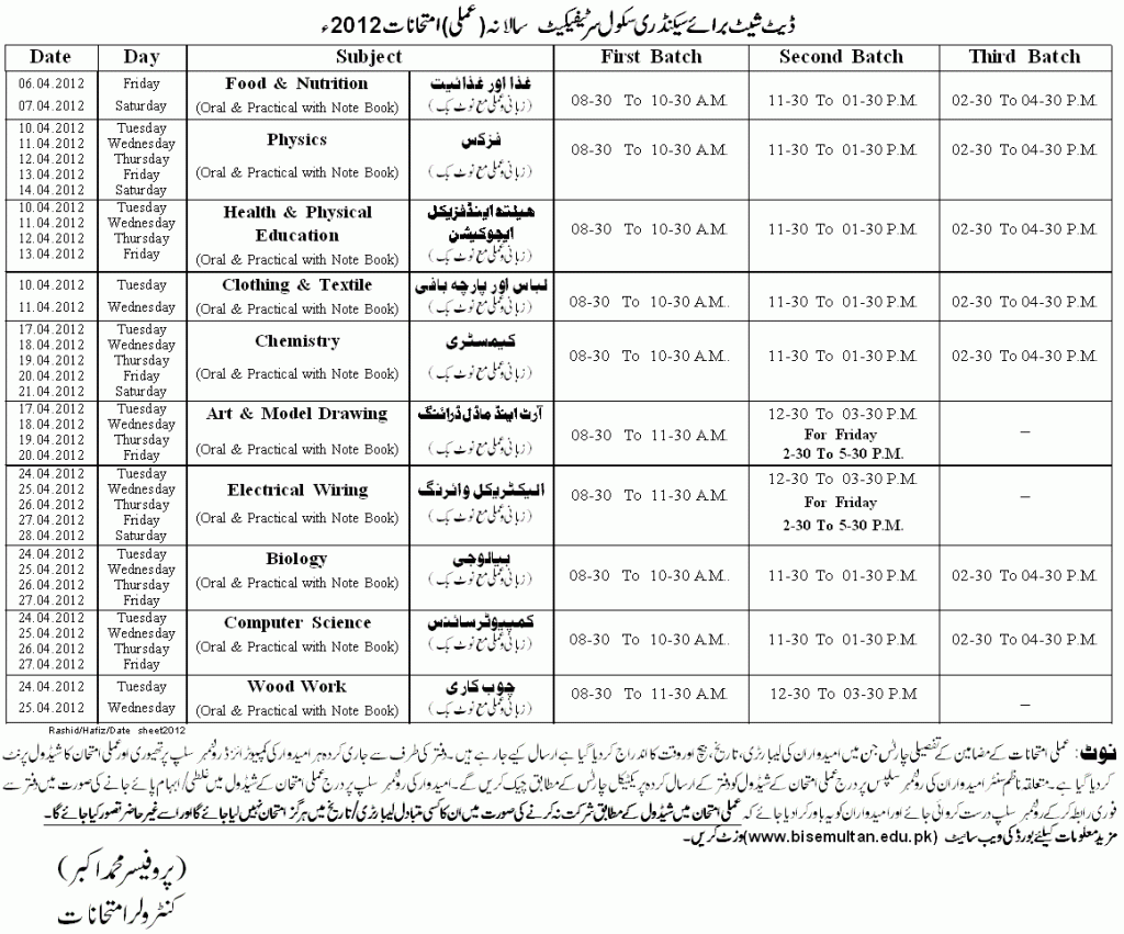 Matric Date Sheet Multan Board