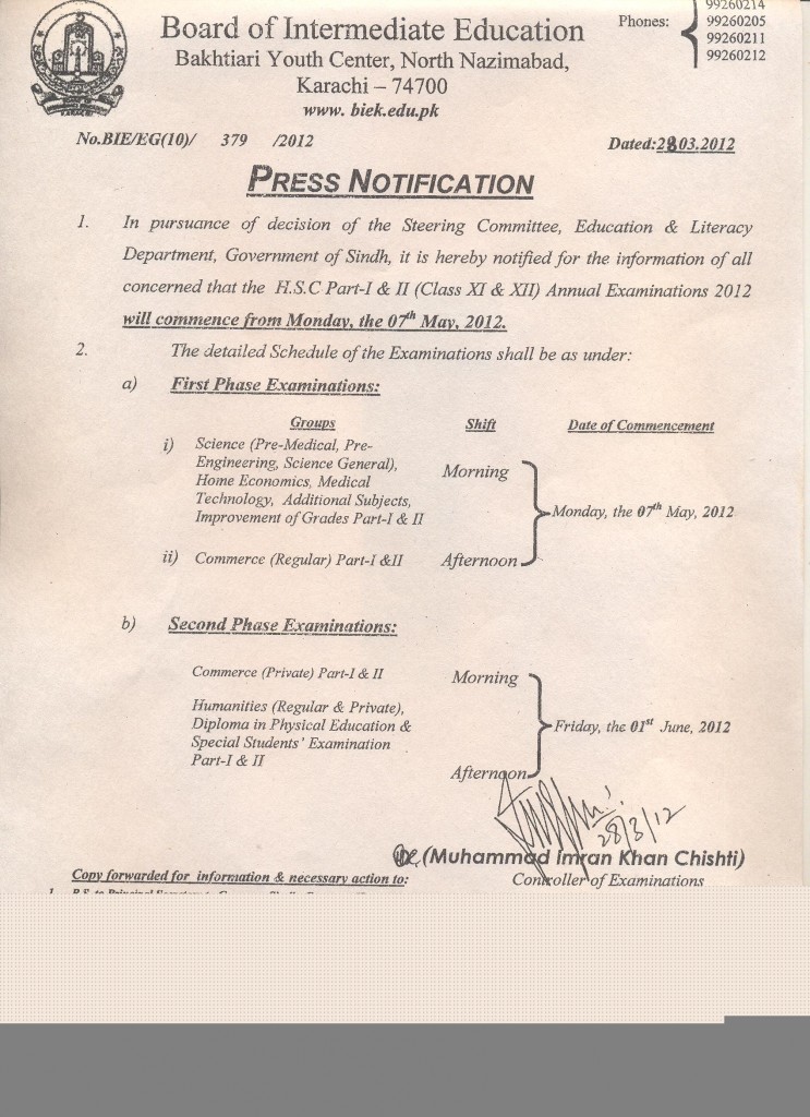 Press Notification of Examinations 2012