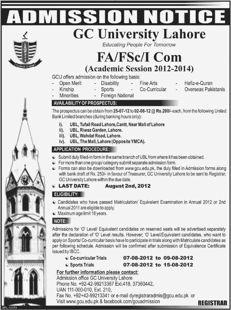 GCU Intermediate Admissions 2012