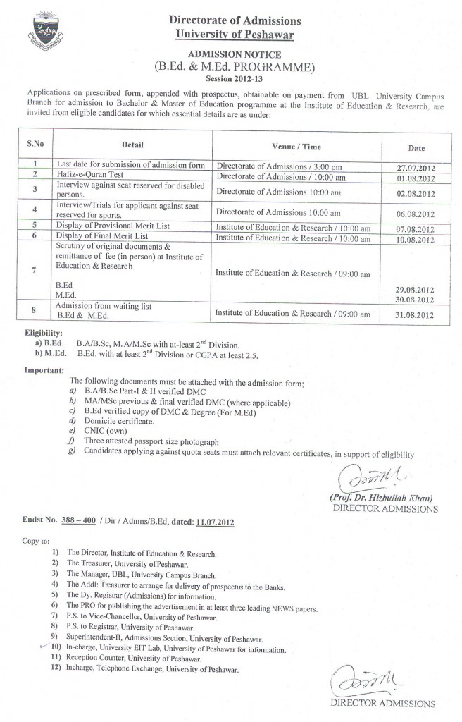 Peshawar University Admission B.Ed & M.Ed 2012