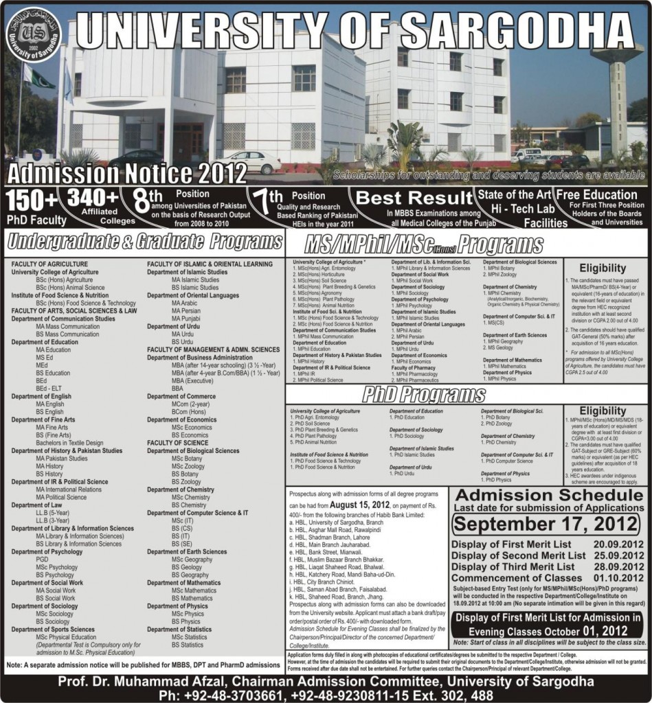 University of Sargodha Offers Admissions 2012