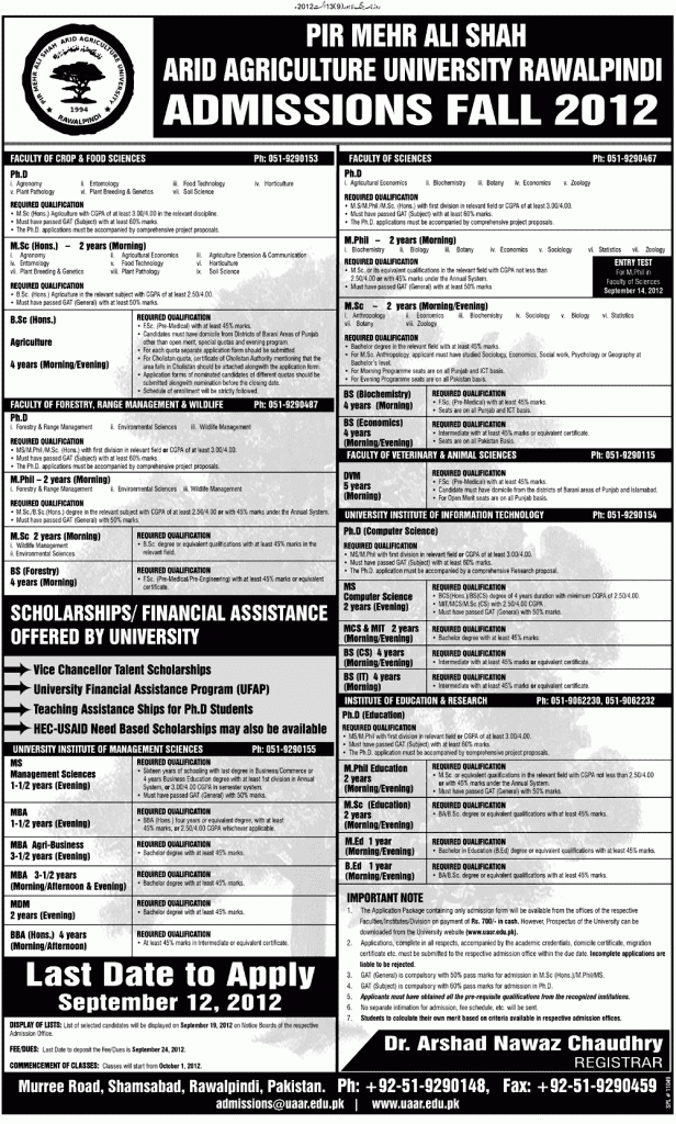 Arid Agricultural University Rawalpindi 2012