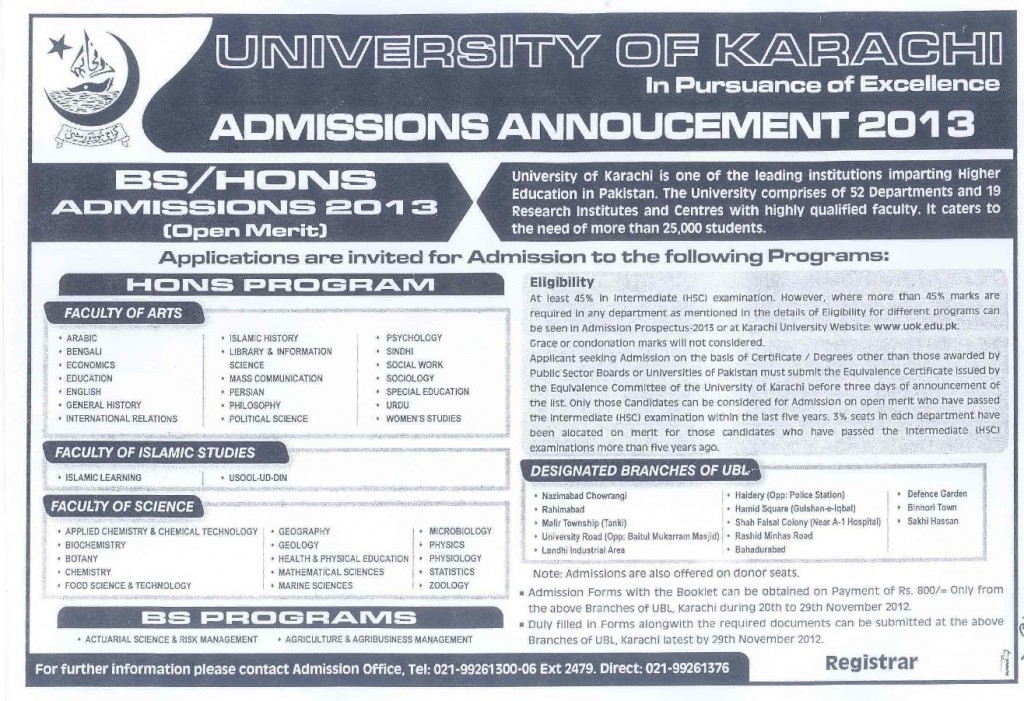 Karachi University BS Hons Admissions 2013