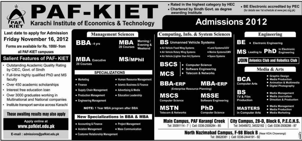 PAF KIET Announces Admissions 2013