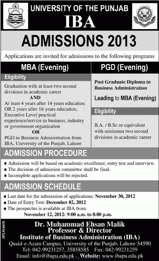 Punjab University IBA Admissions 2013