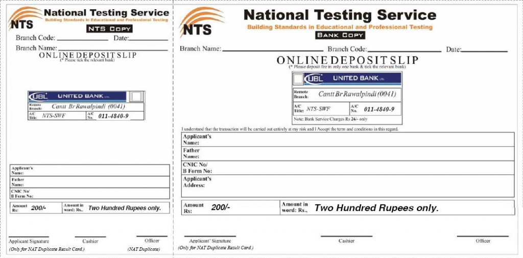 NAT Result Card Deposit Slip