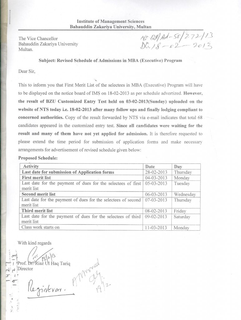 BZU MBA Admission 2013