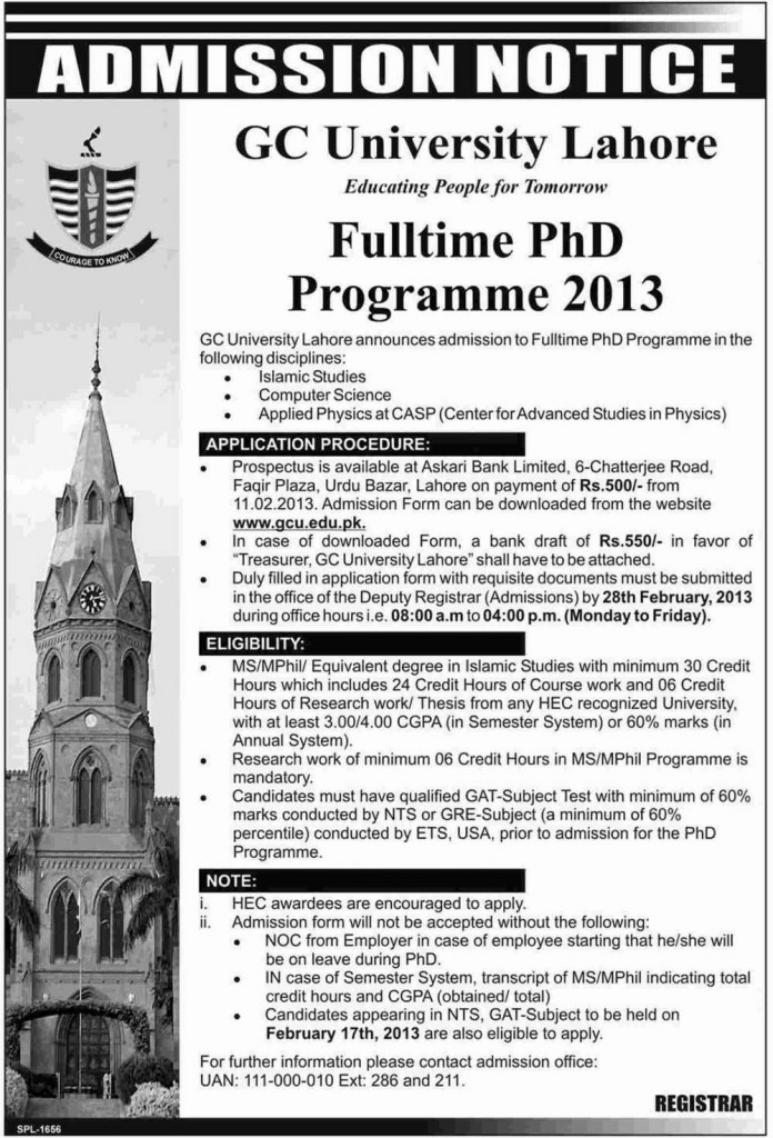 GCU Lahore Admissions in PhD Program 2013