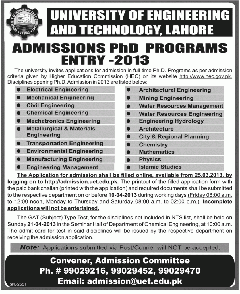 UET Lahore PhD Admissions 2013