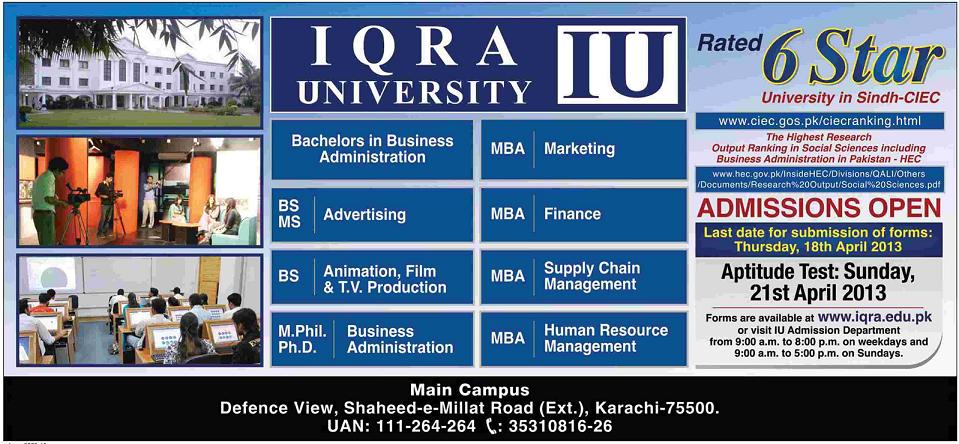 IQRA University Admission Open 2013