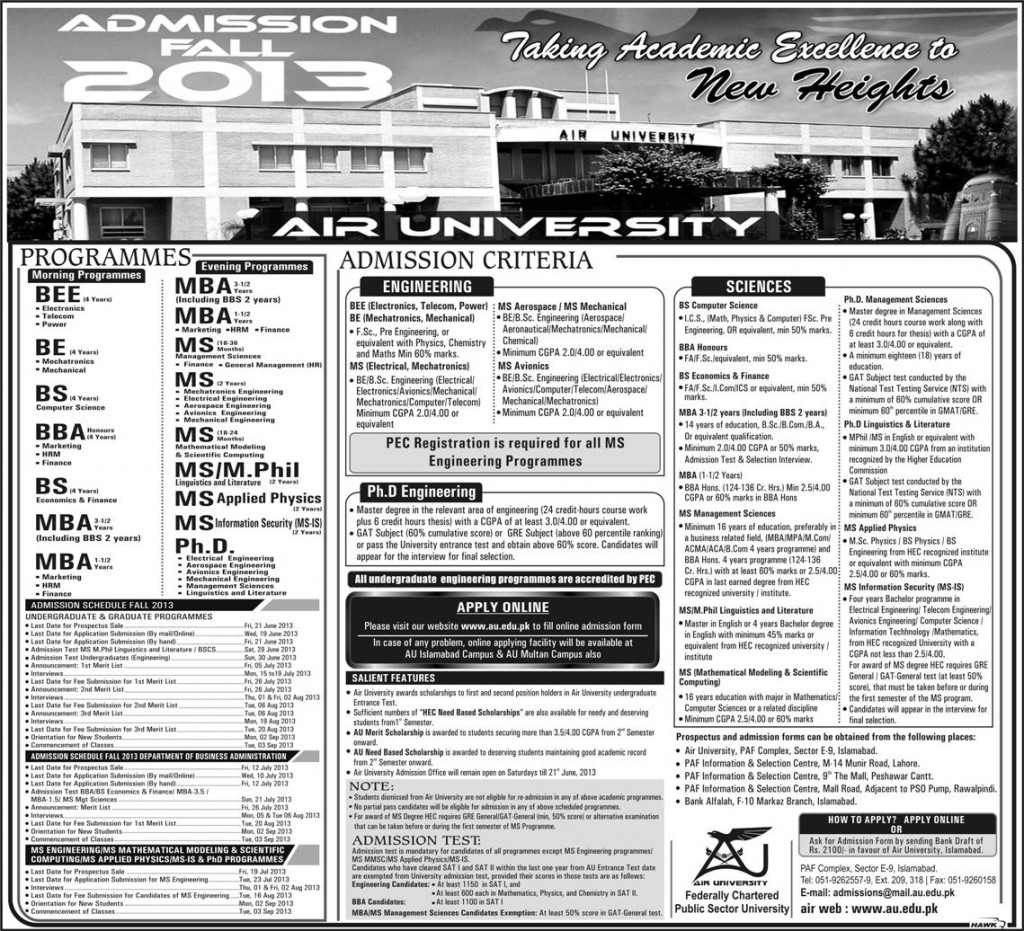 Air University Admission 2013