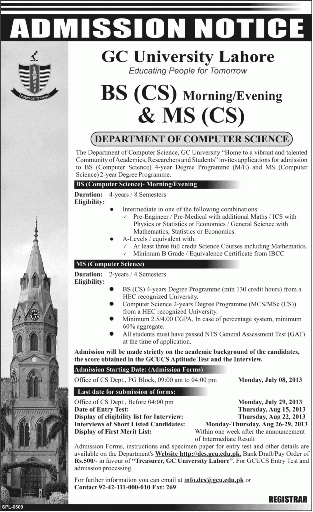 GCU BSCS MSCS Admissions 2013