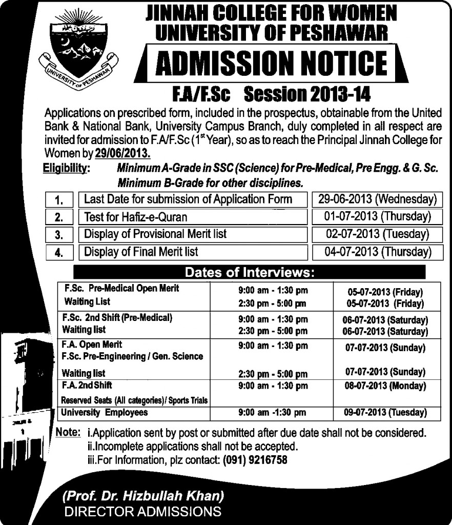 Jinnah College for Women Peshawar Admissions 2013