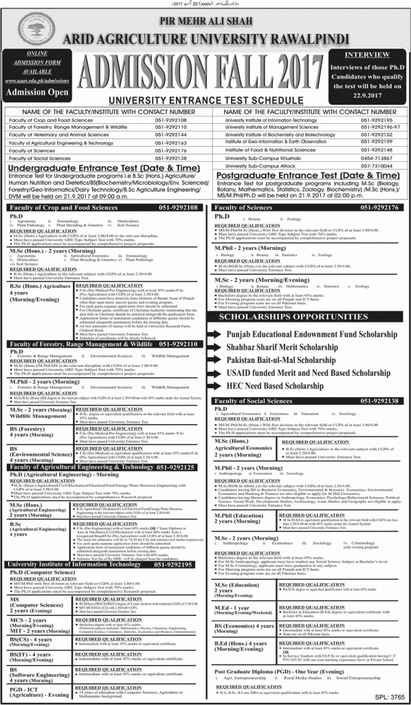 Arid Agriculture University Admission 2017