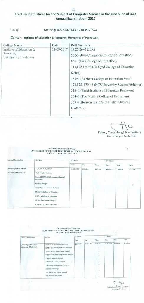 UoP B.Ed Annual Practical Date Sheet 2017