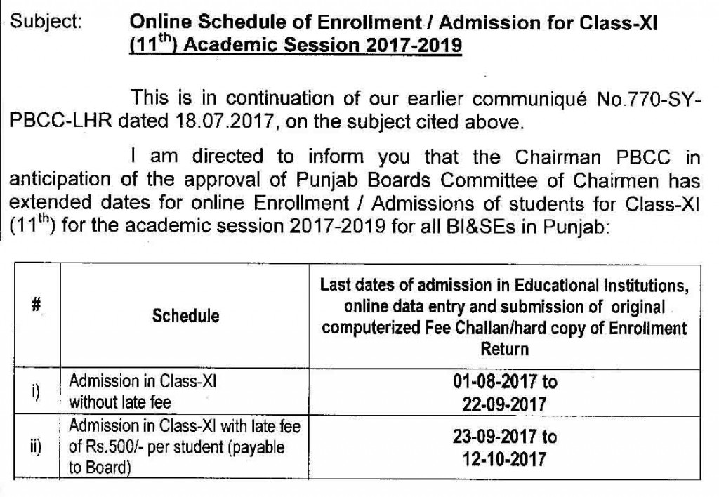 PBCC HSSC Part 1 Online Enrolment Schedule 2017